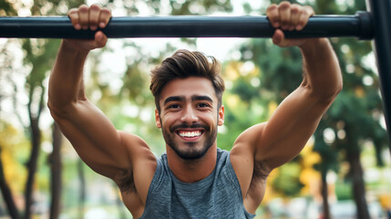 Naklejka premium Young man doing pullups, bar workout in park for calisthenics and bodyweight training, muscular fitness routine building strength, sporty body exercise