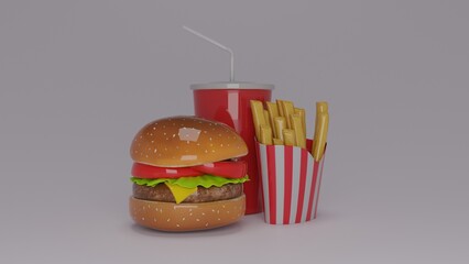 burger and french fries with white background