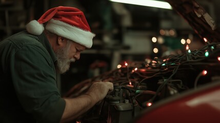 Festive auto repair shop decorated with christmas lights for the holiday season