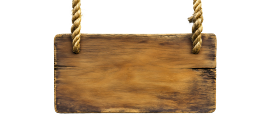 Wooden sign hanging, isolated board panel in retro style, old space for billboard message, empty blank rustic brown banner for cafe or restaurant info, transparent background