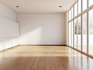 Fototapeta premium A large empty room with a white wall and wooden floors