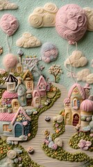 Fototapeta premium Little Houses, Cities, Landscapes Made of Wool, Abstract, Texture, Pattern Background, Wallpaper, Cover and Screen for Smartphone, PC, Laptop, 9:16 and 16:9 Format
