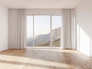 Obraz premium A large window with a view of mountains