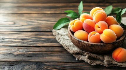 A wooden table with a bowl of fresh, ripe apricots with leaves
