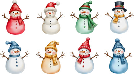 Watercolor colorful Christmas snowmen with Hats and Scarves