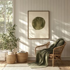 A framed green circle is on the wall