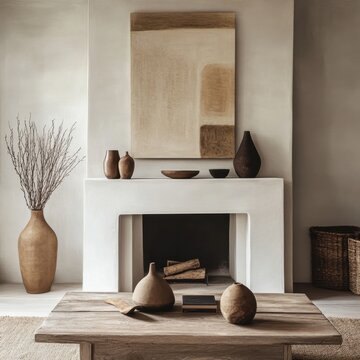 A white fireplace mantle with a painting on the wall