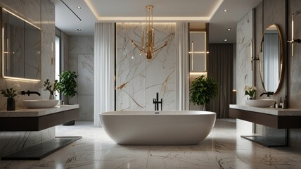 Fototapeta premium A modern and luxurious bathroom with a stunning white bathtub as its centerpiece. The walls are decorated with elegant marble tiles. The bathroom is flooded with natural light.