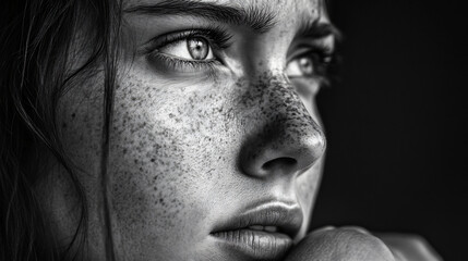 Naklejka premium A high-contrast black and white portrait of a person in deep thought, highlighting intense emotion.