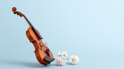 A beautiful wooden violin resting against a light blue wall in a well-lit room during the afternoon