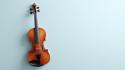 Fototapeta premium A beautiful wooden violin resting against a light blue wall in a well-lit room during the afternoon