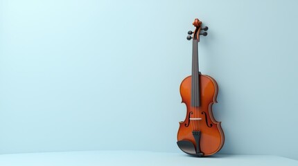 A beautiful wooden violin resting against a light blue wall in a well-lit room during the afternoon