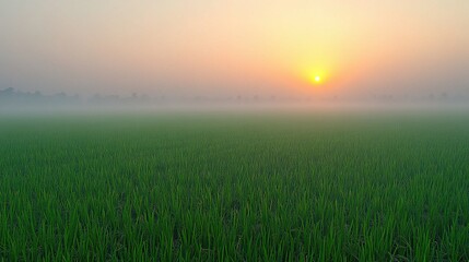 Sunrise Over Green Fields: A breathtaking vista of a lush green field bathed in the golden glow of sunrise, with a veil of fog adding an ethereal touch. 
