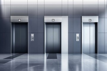 gray Modern passenger or cargo elevators, lifts with closed, opened and half closed, metallic cabins doors, floor indicators digits and glossy flooring 3d realistic vector illustration 