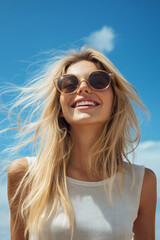 Beautiful young woman in sunglasses, portrait of attractive model, happy blonde girl exuding female elegance, fashionable lady with pretty smile