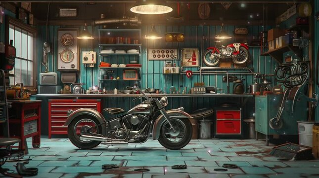 Stylish motorcycle parked in a contemporary garage, showcasing a blend of craftsmanship and automotive design
 Seamless looping 4k time-lapse virtual video animation Generated AI