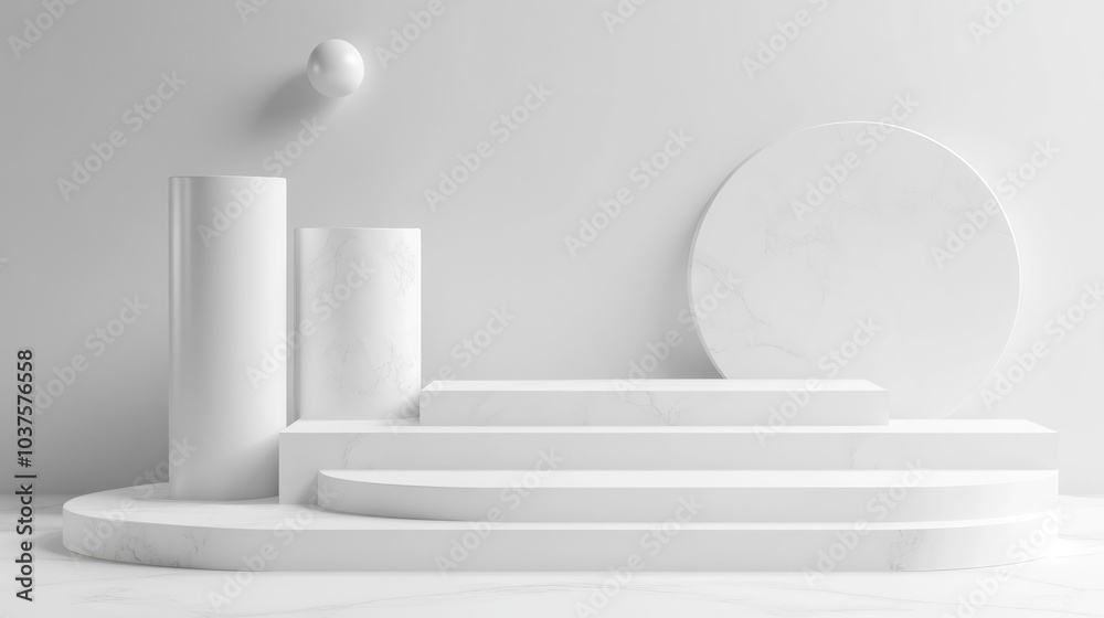 Poster abstract background featuring geometric shapes with minimal cylinder podium and cube steps empty sho