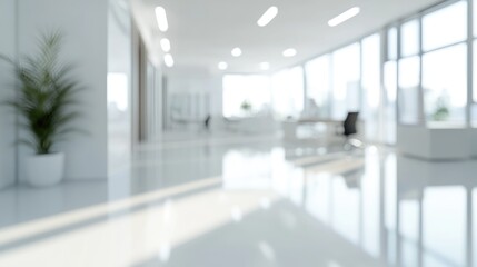 3D rendering of an abstract blurred image showcasing a modern open space office with a white interior and complete furnishings for design background concepts