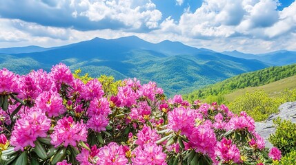 Obraz premium Mountaintop Blooms: Vibrant pink rhododendrons burst forth, painting a breathtaking scene against the backdrop of majestic mountains and a bright blue sky. A symphony of colors, textures.