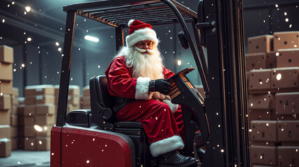 A man dressed as Santa Claus driving a forklift in a warehouse