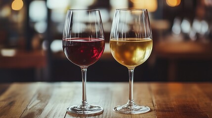 Glasses of red and white still wine on restaurant table