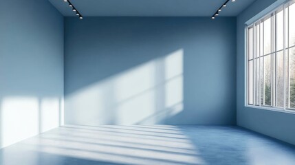 Fototapeta premium 3D rendering of an empty room showcasing a blank stand with a blue pastel color theme for interior design