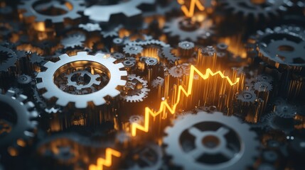 Cogwheels and ascending arrows representing operational excellence technology optimization innovation and growth in production