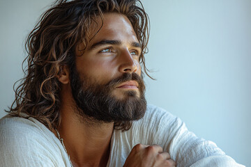 Obraz premium A photorealistic portrait of a man with long wavy hair and a well-groomed beard, gazing thoughtfully into the distance. The image shows a profile of Jesus Christ with long hair and a white robe,...