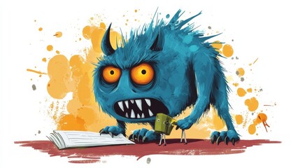 Obraz premium A playful blue monster with fierce eyes engaging with a book perfect for creative projects and fantasy designs