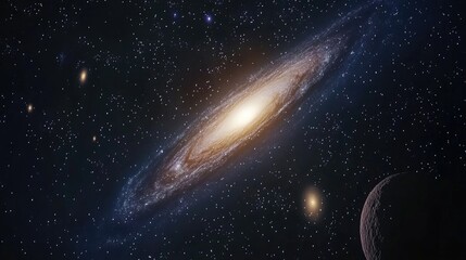 Naklejka premium 3D cartoon representation of Andromeda galaxy along with smaller galaxies