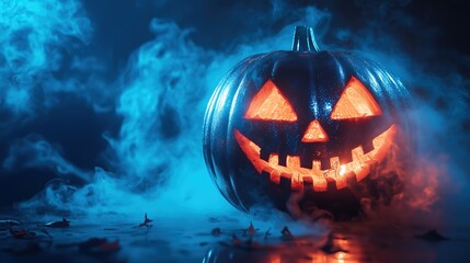 Naklejka premium Pumpkin disco ball for Halloween party. Lantern with shiny blue rays