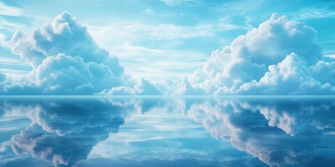 Serene lake view with calm reflections under a blue sky adorned with fluffy white clouds, Peaceful lake scene with mirrored reflections beneath a clear blue sky and soft white clouds