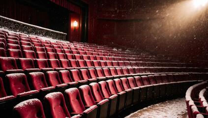 Snow-covered empty theater seats in a vintage auditorium