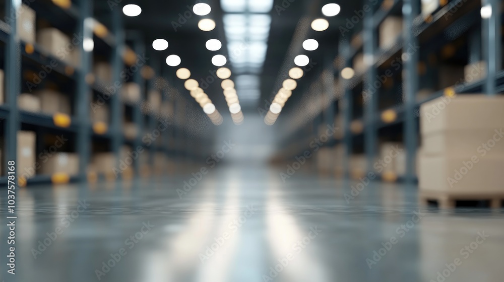 Poster 3d rendering of a large modern warehouse theme featuring a creative abstract blur background with bo