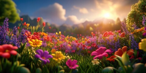 Obraz premium Vibrant meadow featuring Salvia nemorosa, Begonia semperflorens, and Bidens ferulifolia, showcasing a stunning array of red, pink, yellow, and purple blooms on a sunny day