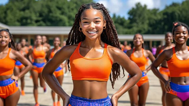 A group of enthusiastic cheerleaders showcase their synchronized moves while practicing in bright orange and blue outfits on a sunny day