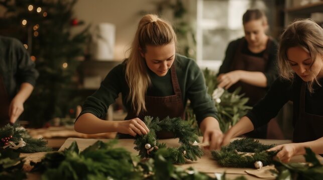 Festive christmas wreath making workshop in a cozy florist shop setting