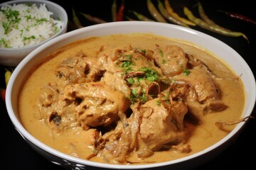 A steaming bowl of chicken korma features tender meat in a rich sauce alongside a serving of basmati rice garnished with herbs and spices