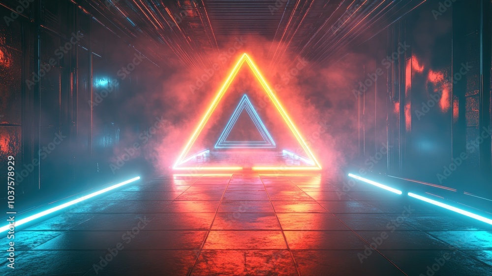 Poster neon illumination triangle with a radiant glow 3d rendering featuring futuristic vj motion graphics 