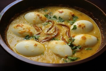 Savor the flavors of Bengali egg korma with perfectly boiled eggs immersed in a creamy spiced gravy garnished with fresh herbs and fried onions