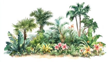 Obraz premium Tropical plant collection Landscape design feature Hand painted watercolor illustration on a white background