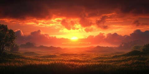 Obraz premium Sunset over a tranquil landscape with vibrant skies, Serene sunset over a peaceful landscape with colorful skies