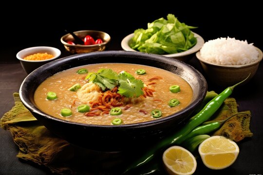 A bowl of rich Bengali halim garnished with coriander surrounded by fresh greens rice chilies and slices of lemon creating an appetizing spread