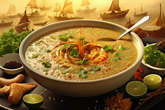 The delicious Bengali halim is presented in a large bowl topped with herbs and spices alongside lime and bread while traditional boats are moored nearby