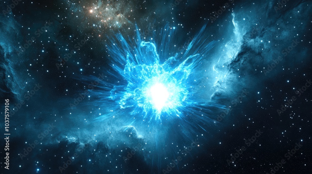 Wall mural bright blue star shining in deep space with a stellar explosion behind star clusters illustrated in 