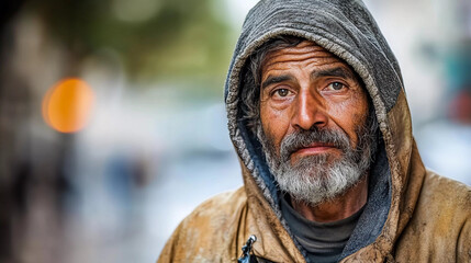 Portrait of homeless man on street