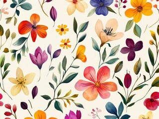 Seamless floral pattern featuring vibrant watercolor illustrations of fantasy flowers leaves and buds set against soft pleasing colors