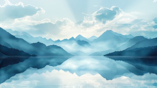 Majestic Lake And Mountain Landscape In The Morning Top View Artistic Illustration Backdrop Features Clouds Blue Sky And Serene Lake Nature Scene