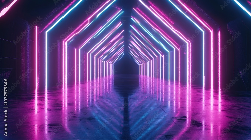 Poster neon glowing lines illuminate a dark tunnel with reflections on the floor and ceiling creating an em