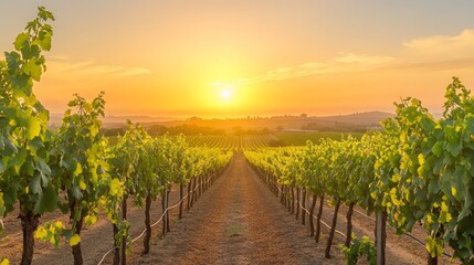 Naklejka premium A picturesque vineyard with rows of grapevines stretching towards a sunset-lit horizon, Vineyard scene, Scenic and idyllic style